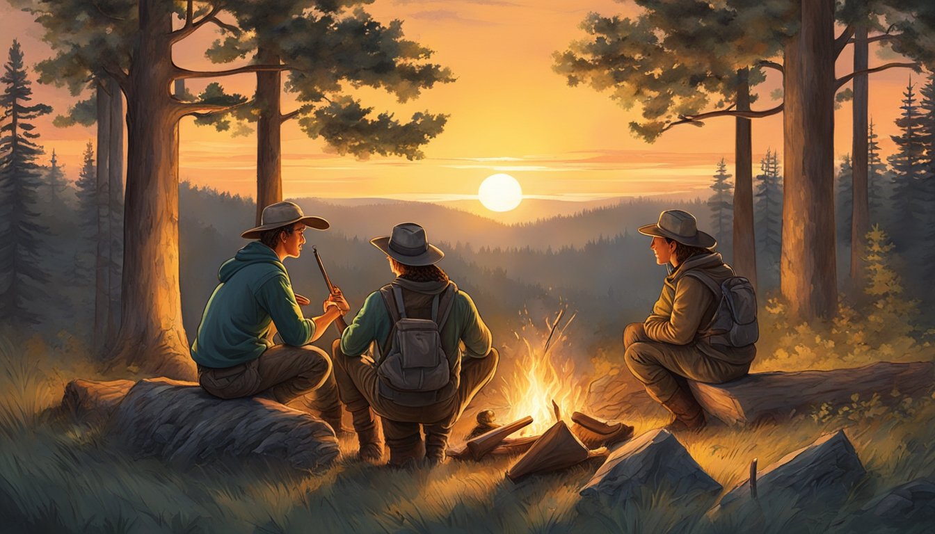 A group of young hunters gather around a campfire, surrounded by the peaceful woods and a serene sunset. They reflect on their season and discuss ways to improve for next year