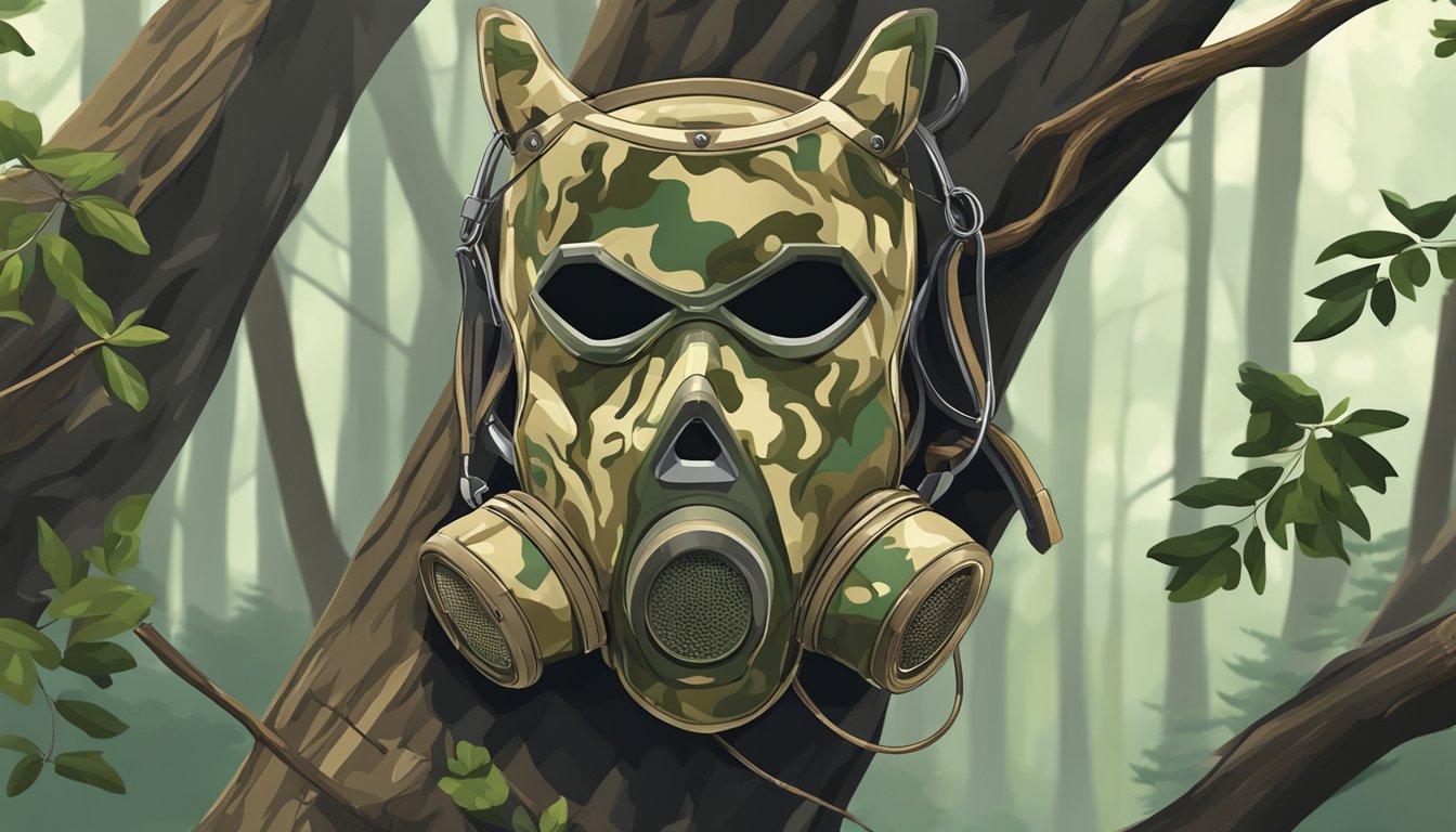 A camouflaged hunting mask hanging from a tree branch in a forest clearing