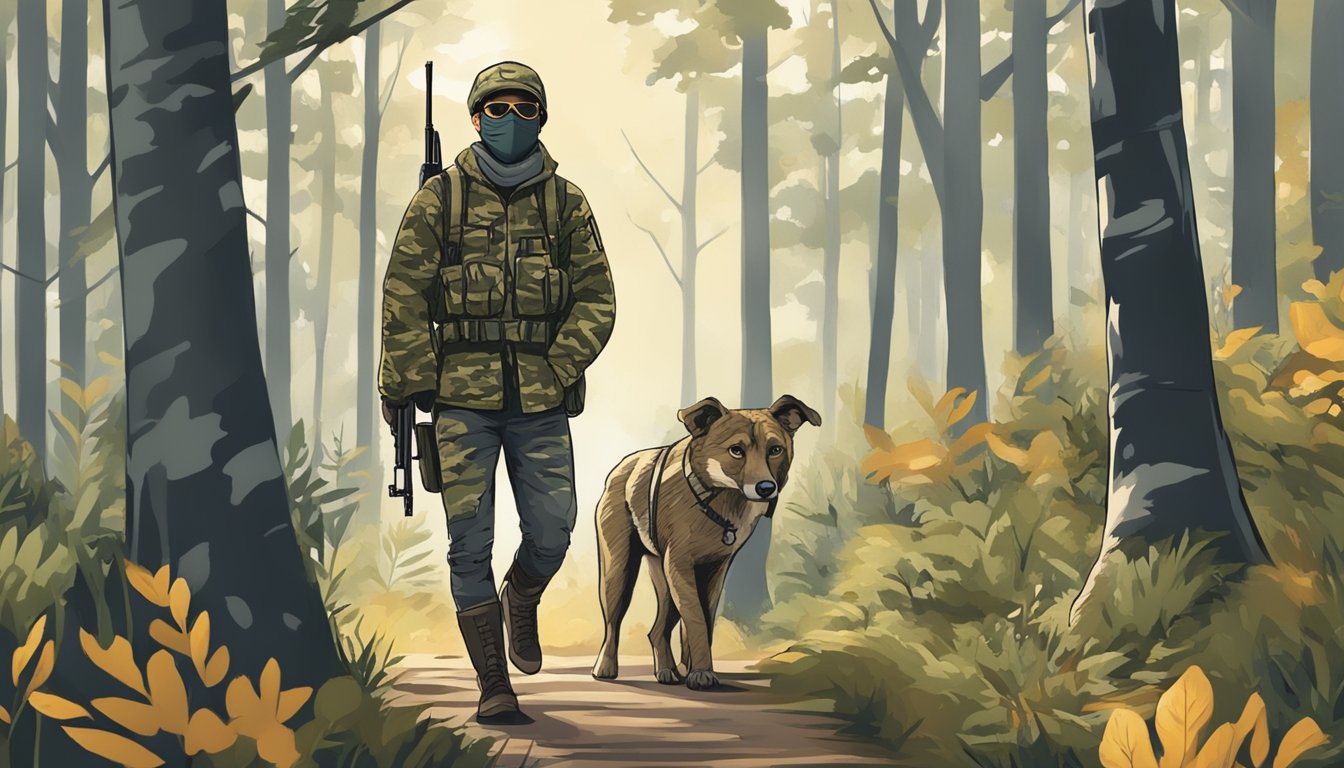 A young hunter wearing a camouflage mask, holding a rifle, and walking through a forest with respect for ethical hunting practices