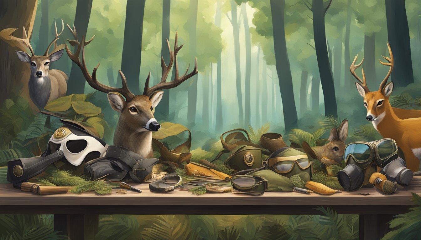 A forest clearing with a display of hunting masks on a table, surrounded by trees and wildlife