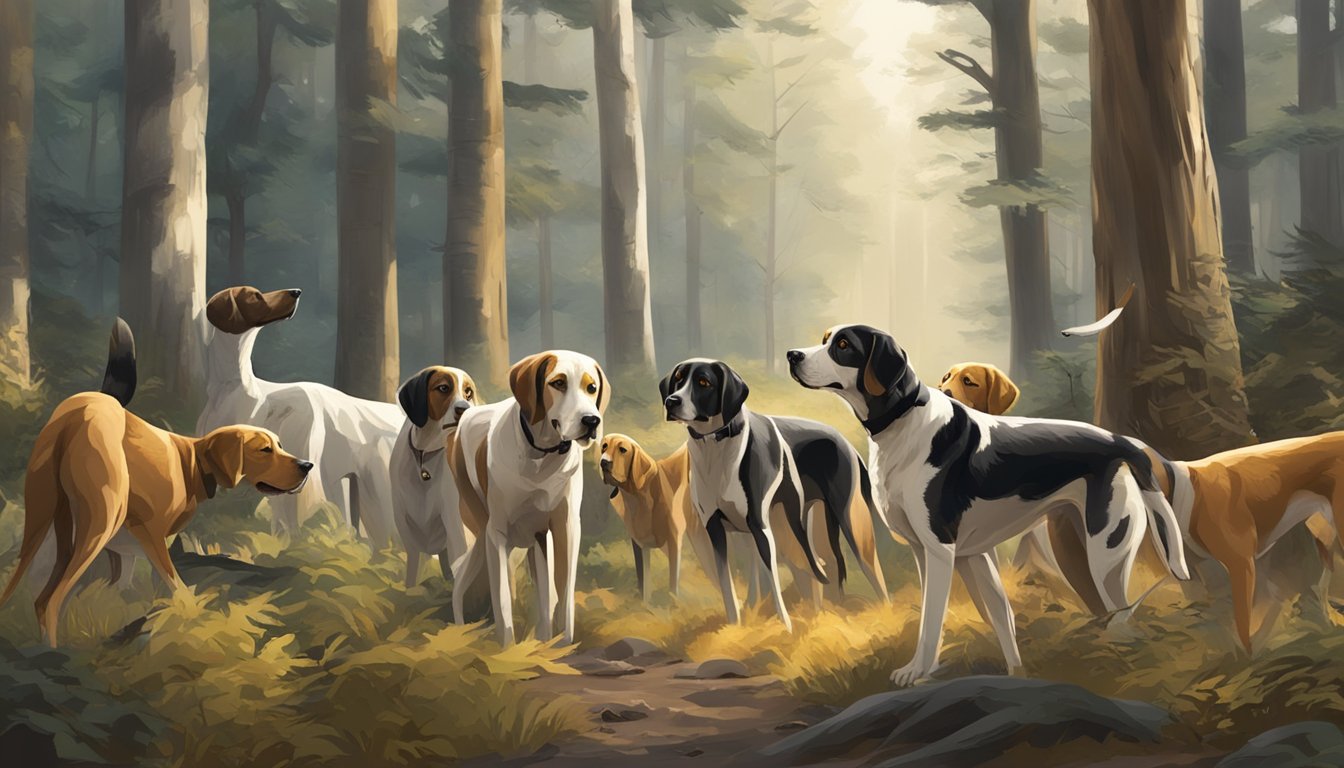 A pack of hunting dogs, including pointers, retrievers, and hounds, eagerly sniffing the ground and searching for game in a dense forest