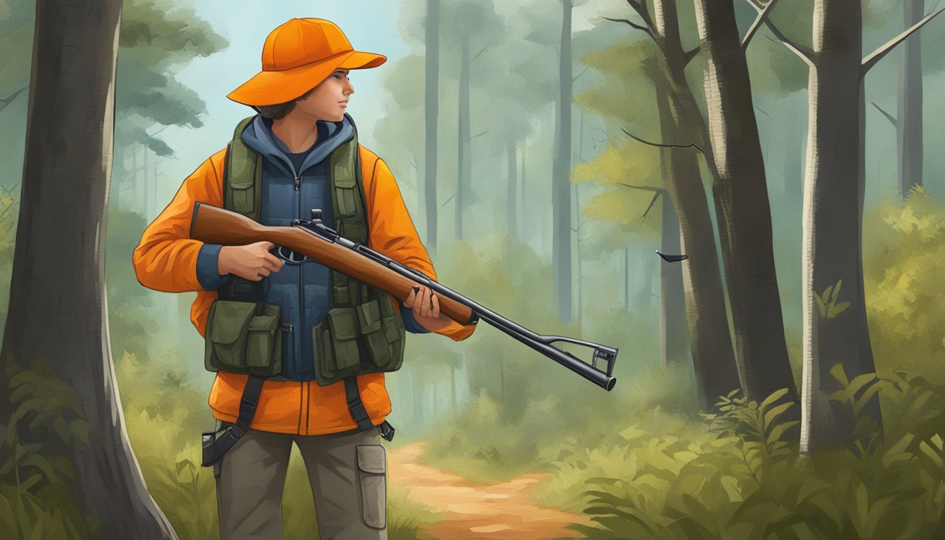 A youth in hunting gear with an orange hat, wearing safety gear and carrying a rifle, stands in a wooded area