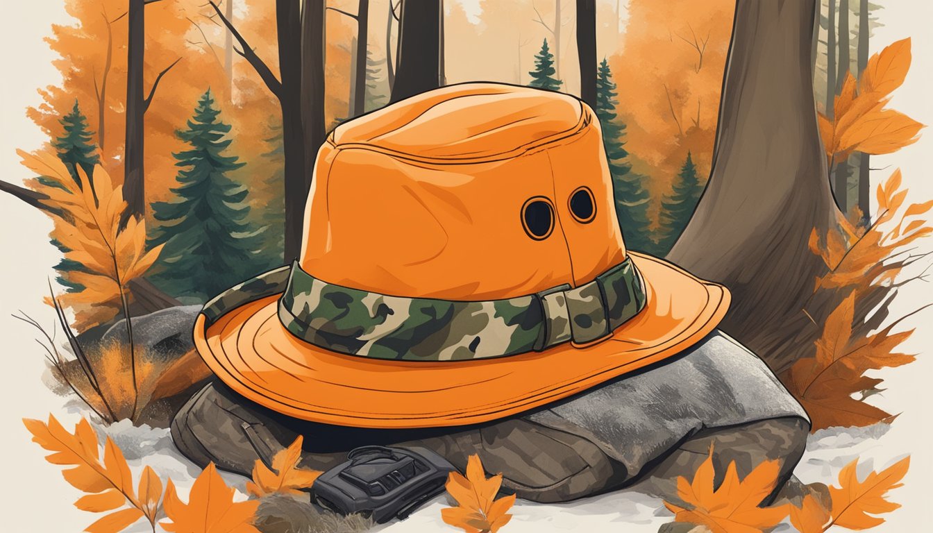 A youth hunting hat in bright orange, surrounded by camouflage gear and a forest backdrop