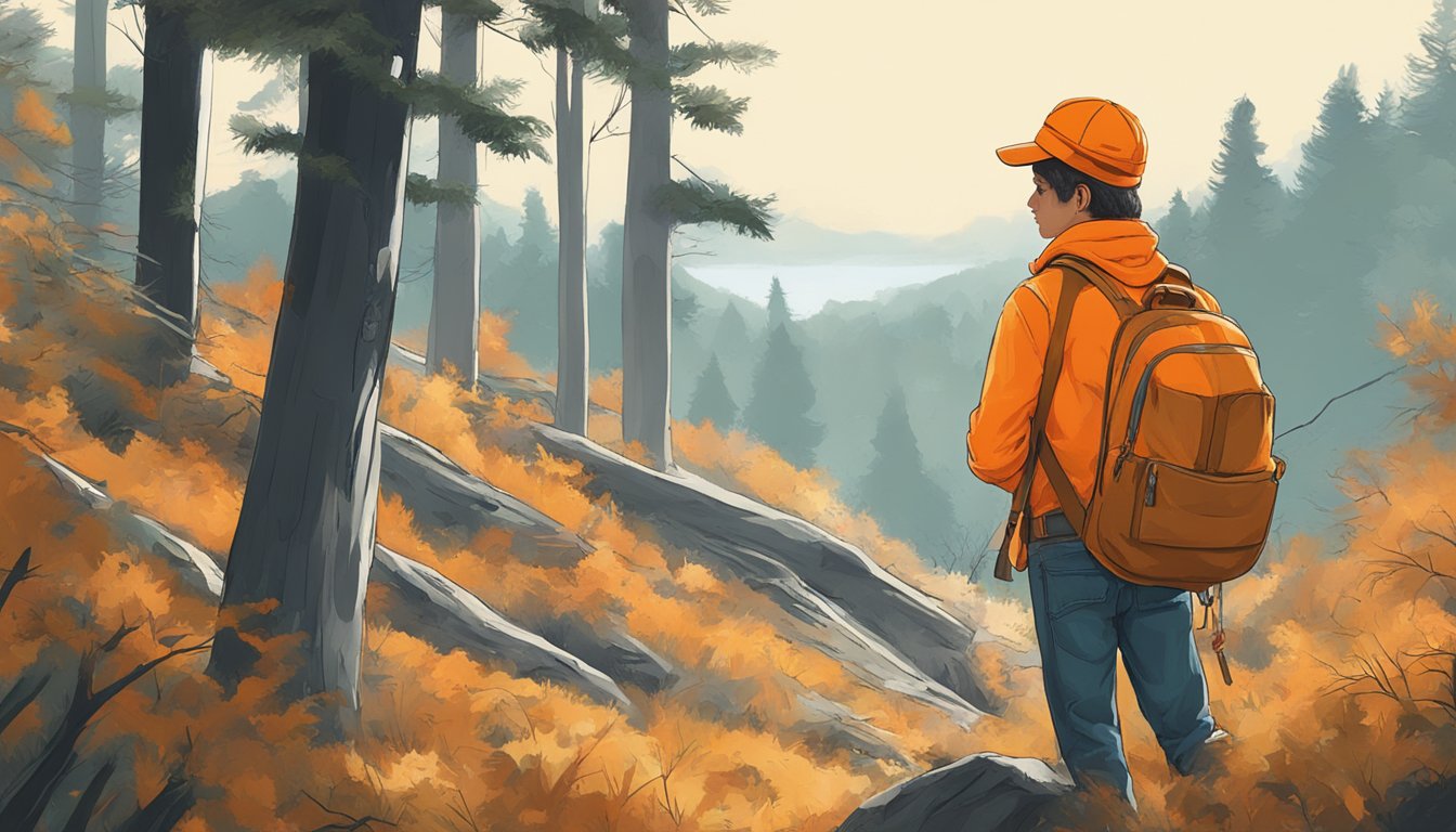 A youth wearing a bright orange hunting hat in a forest clearing