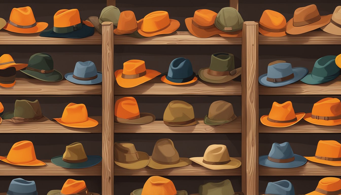 A hunter's supply store shelf displays bright orange youth hunting hats