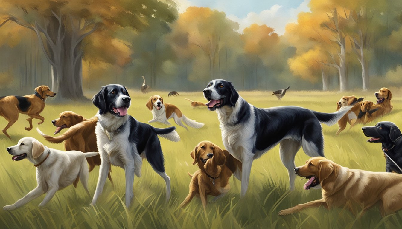 A pack of hunting dogs, including retrievers, pointers, and setters, playing together in a grassy field with a family of humans in the background