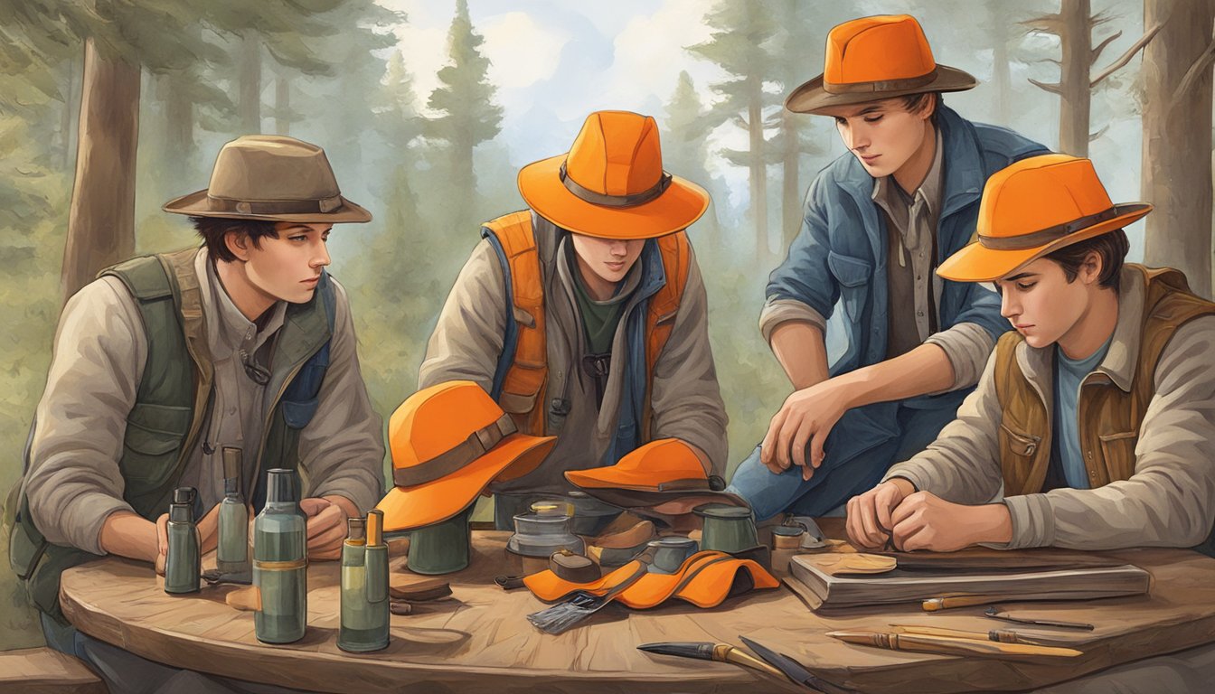 A group of young hunters gather around a table, carefully inspecting and caring for their bright orange hunting hats