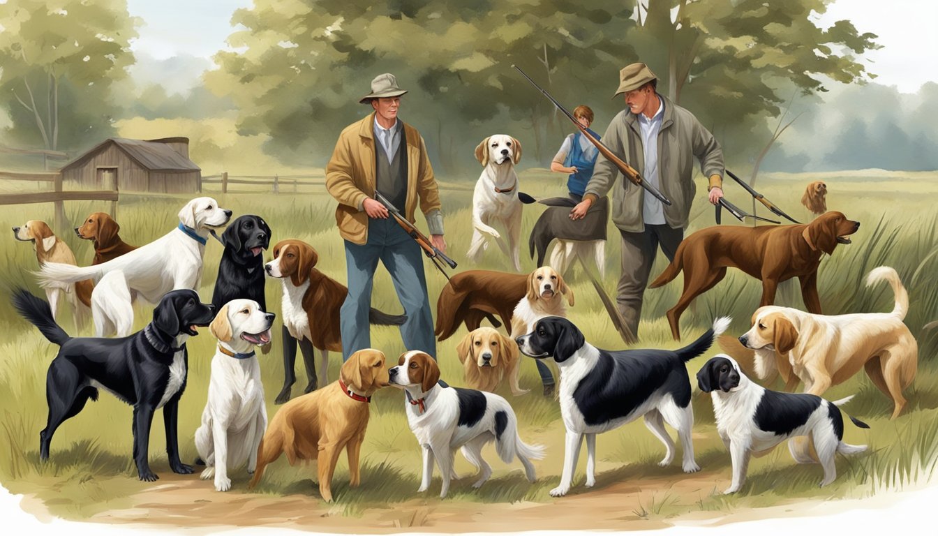 A group of hunting dogs of various breeds, such as retrievers, pointers, and spaniels, are being trained and cared for in a rural setting