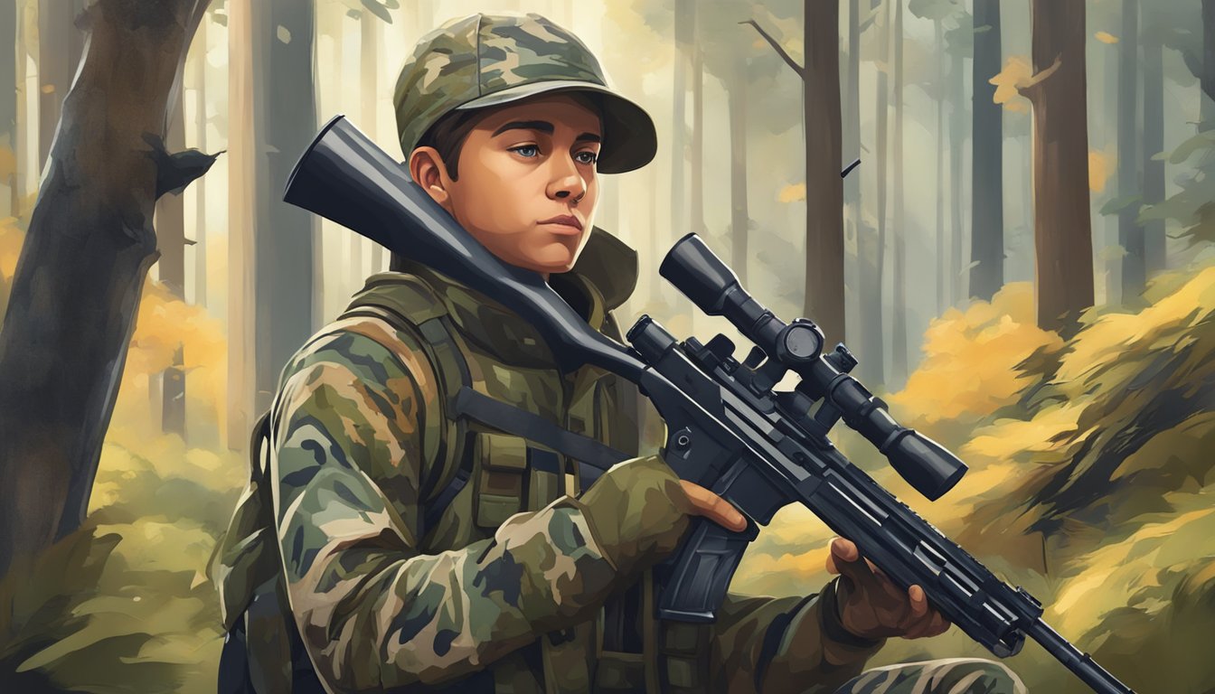 A young hunter in camouflage gear, holding a rifle, quietly moving through the forest with a focused expression