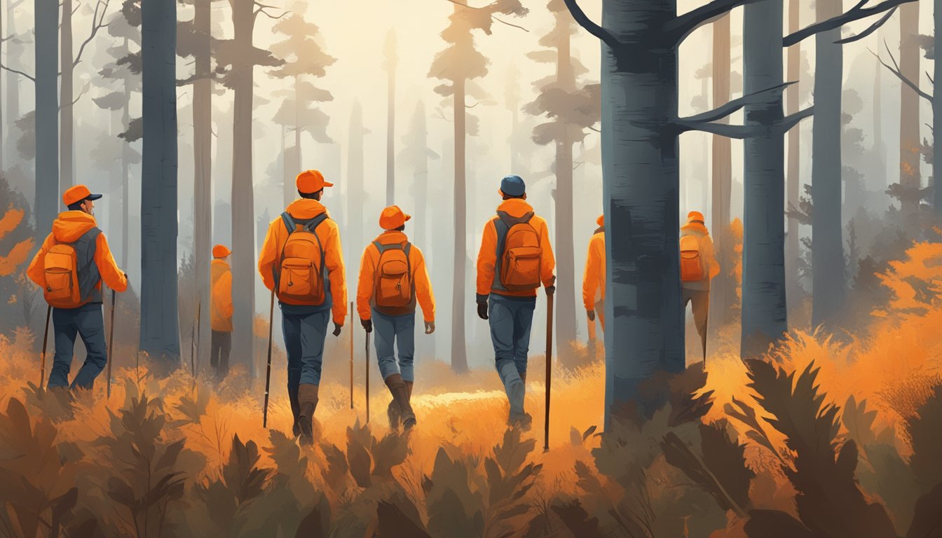 A group of young hunters wearing bright orange hats in a forest clearing