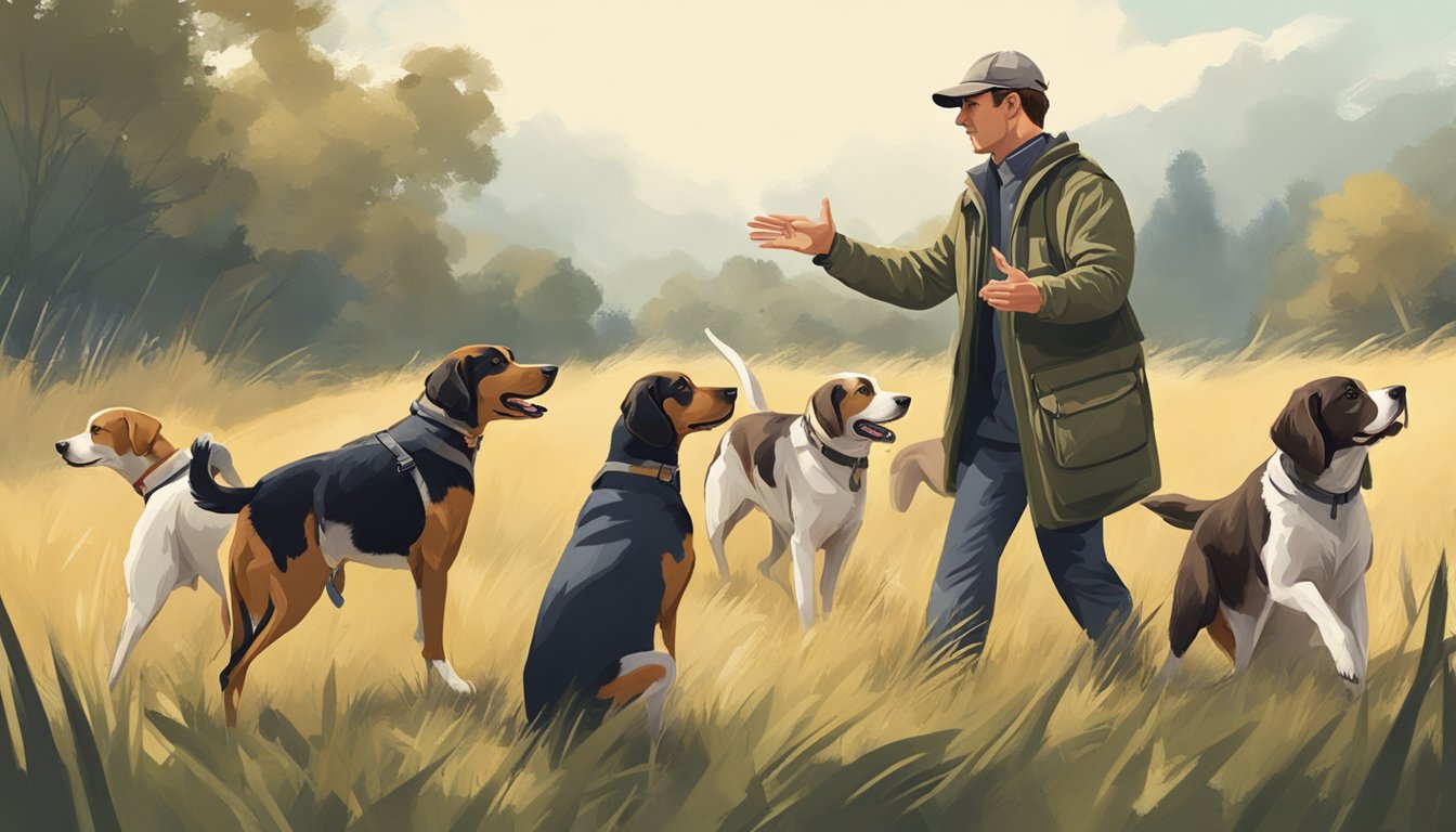 A hunting dog trainer working with a pack of dogs in a field, using hand signals and whistles to direct their movements