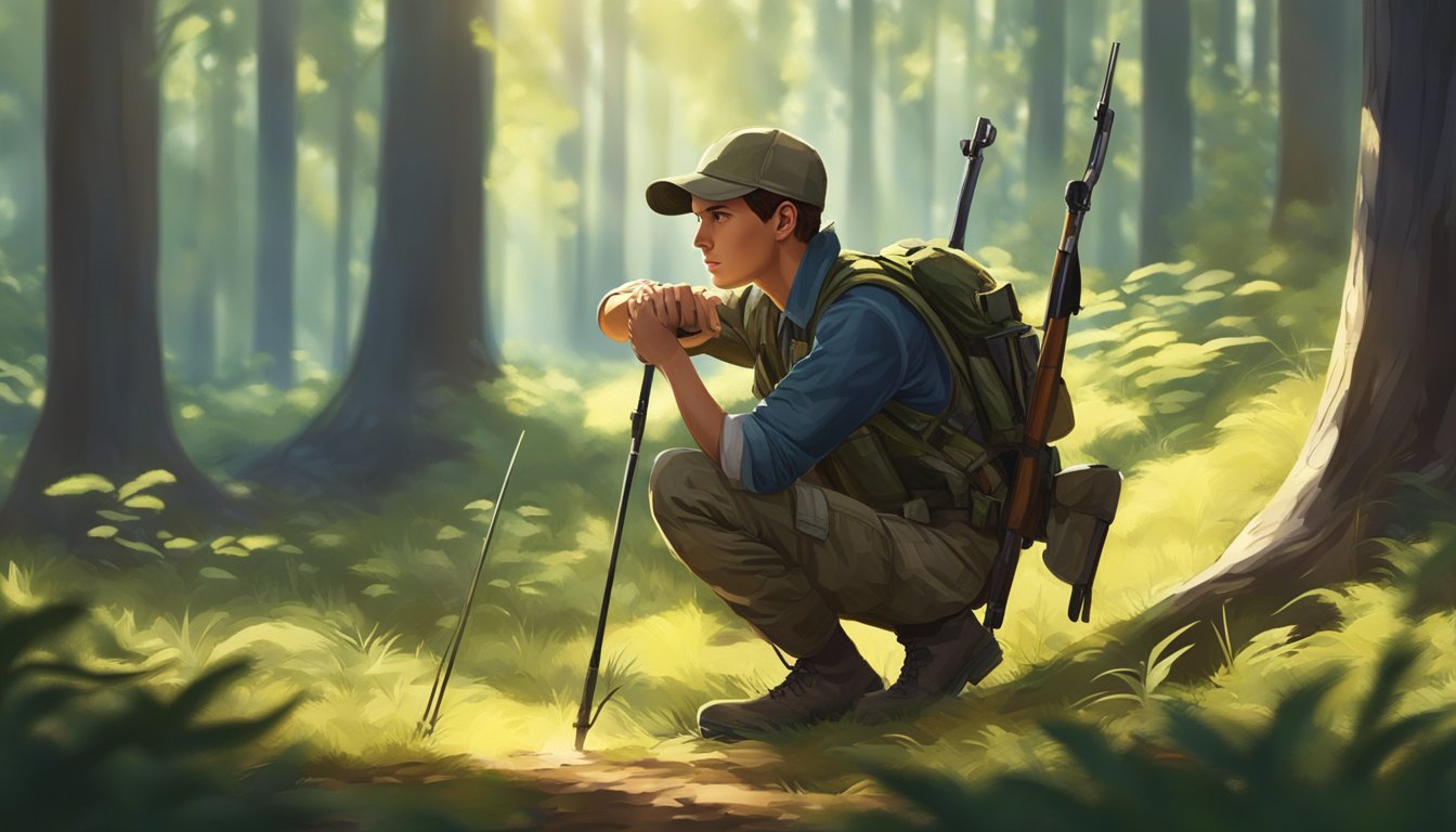 A young hunter crouches in a forest clearing, bow in hand, eyes focused on a distant target. The sunlight filters through the trees, casting dappled shadows on the forest floor