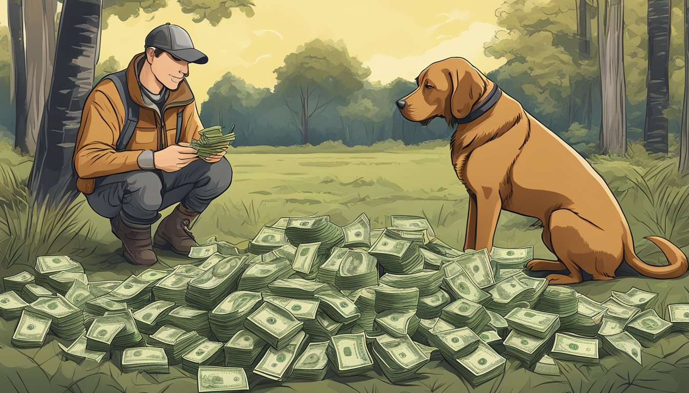 A hunting dog trainer counting money from a successful training session