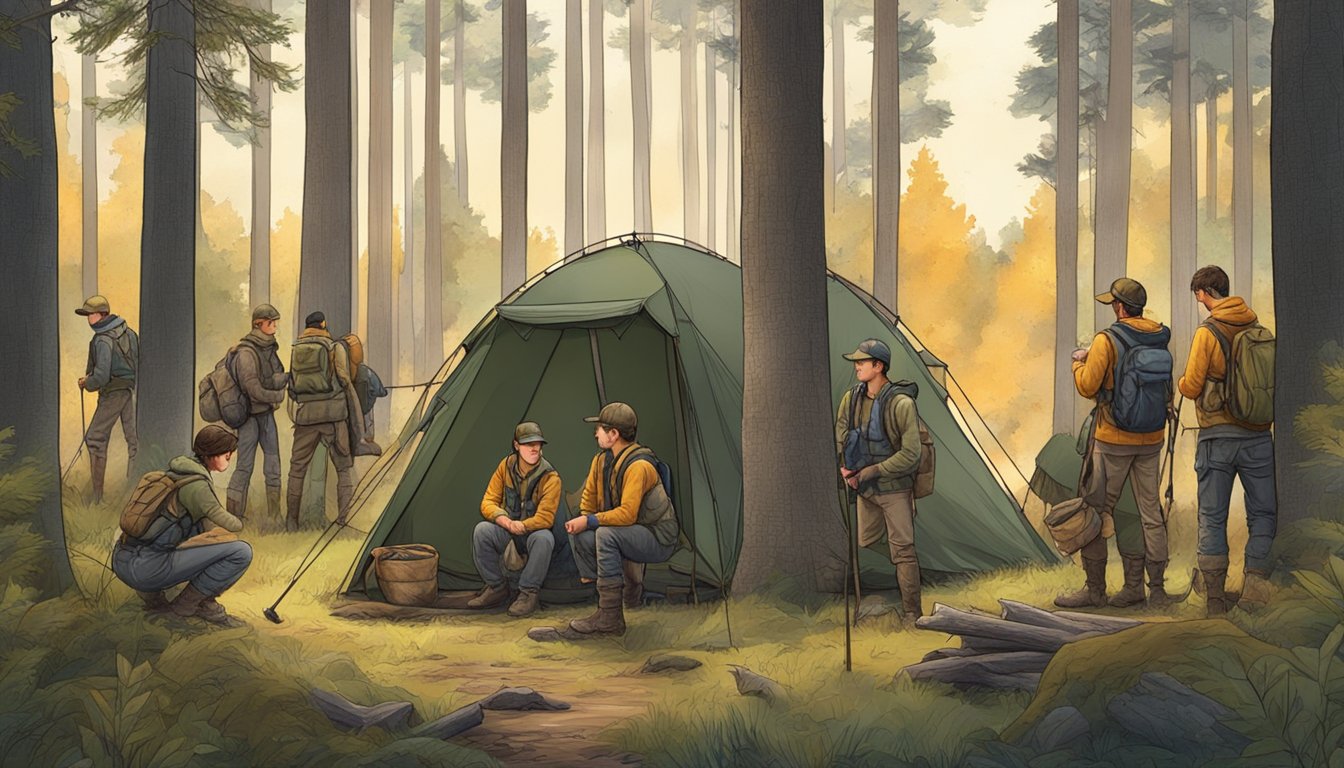 A group of young hunters setting up camp in a forest clearing, surrounded by trees and wildlife