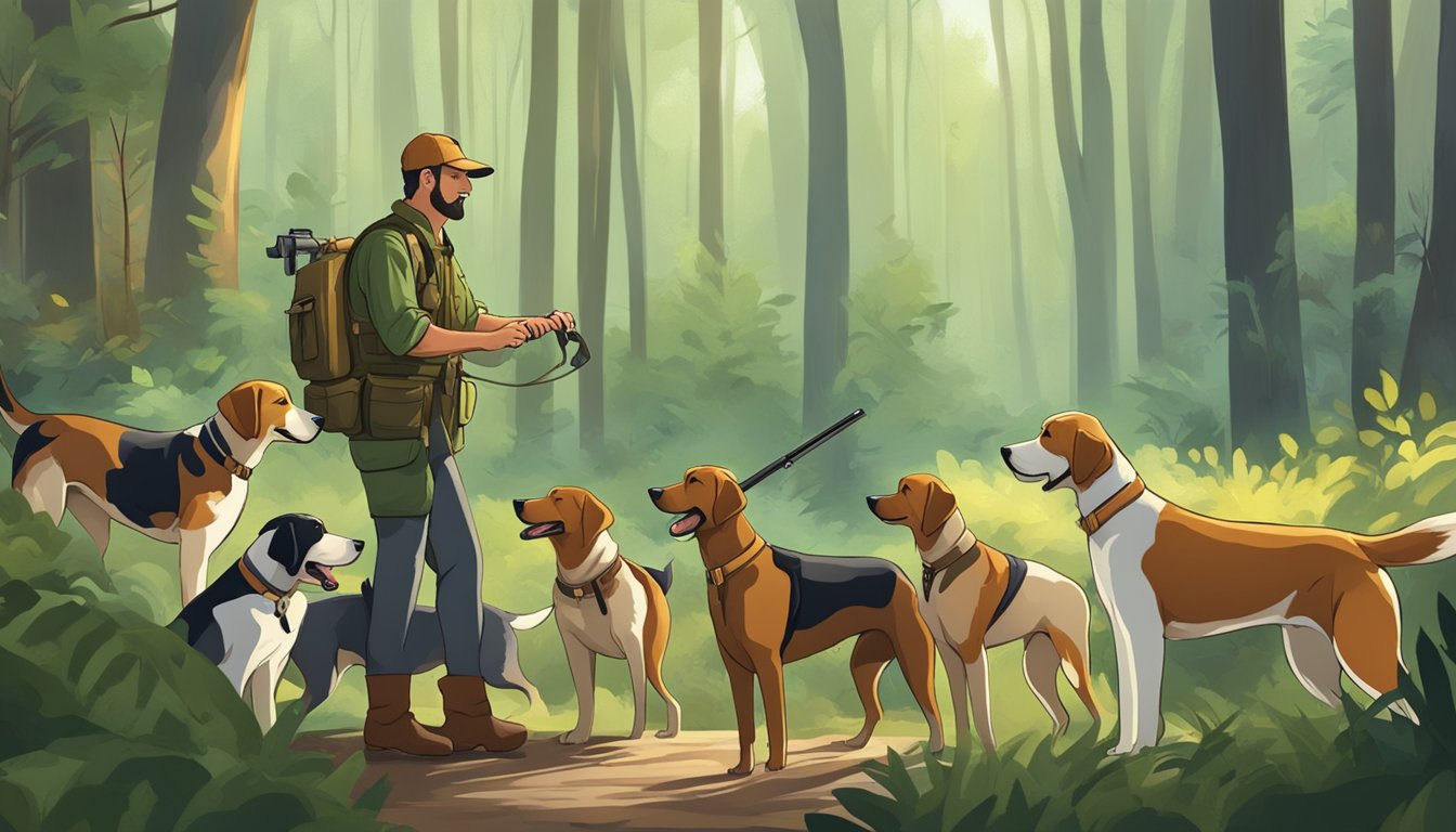 A hunting dog trainer instructs a pack of eager canines in a lush, wooded area, using various training methods and tools