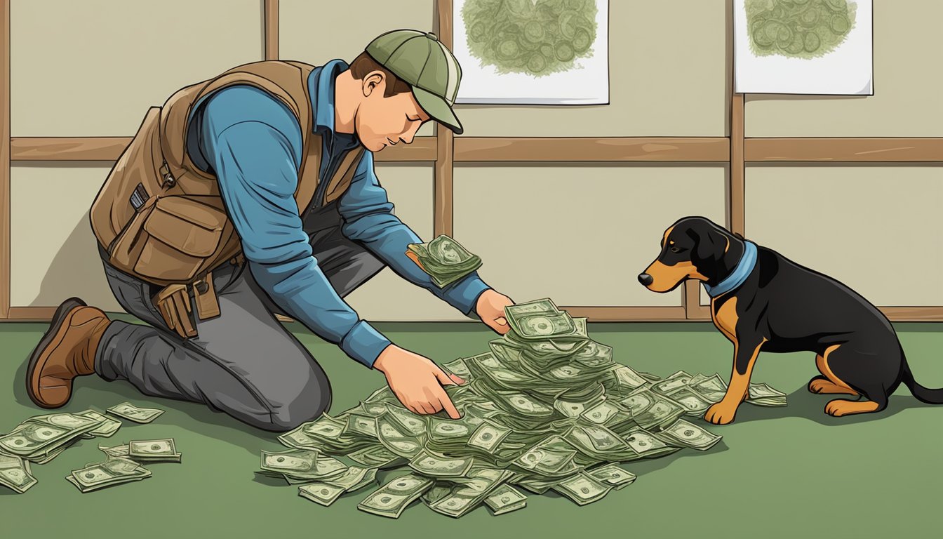 A hunting dog trainer counting money from a successful training session