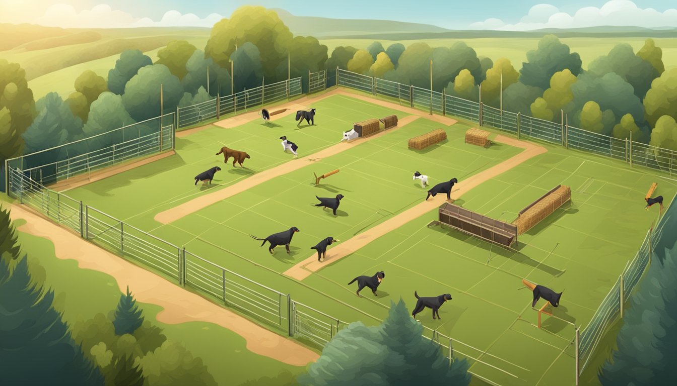 A hunting dog training field with various obstacles, trainers, and equipment