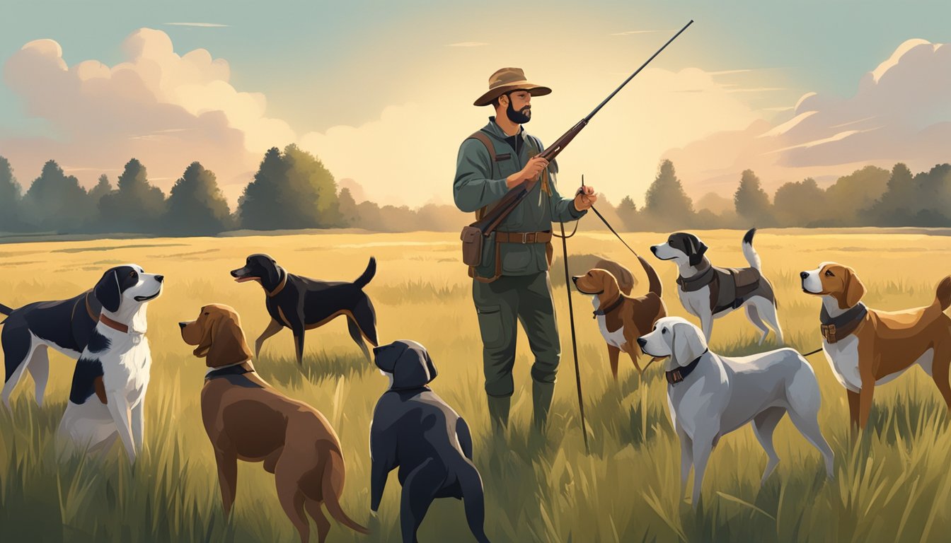 A hunting dog trainer working outdoors with dogs in a field, using various training techniques and philosophies