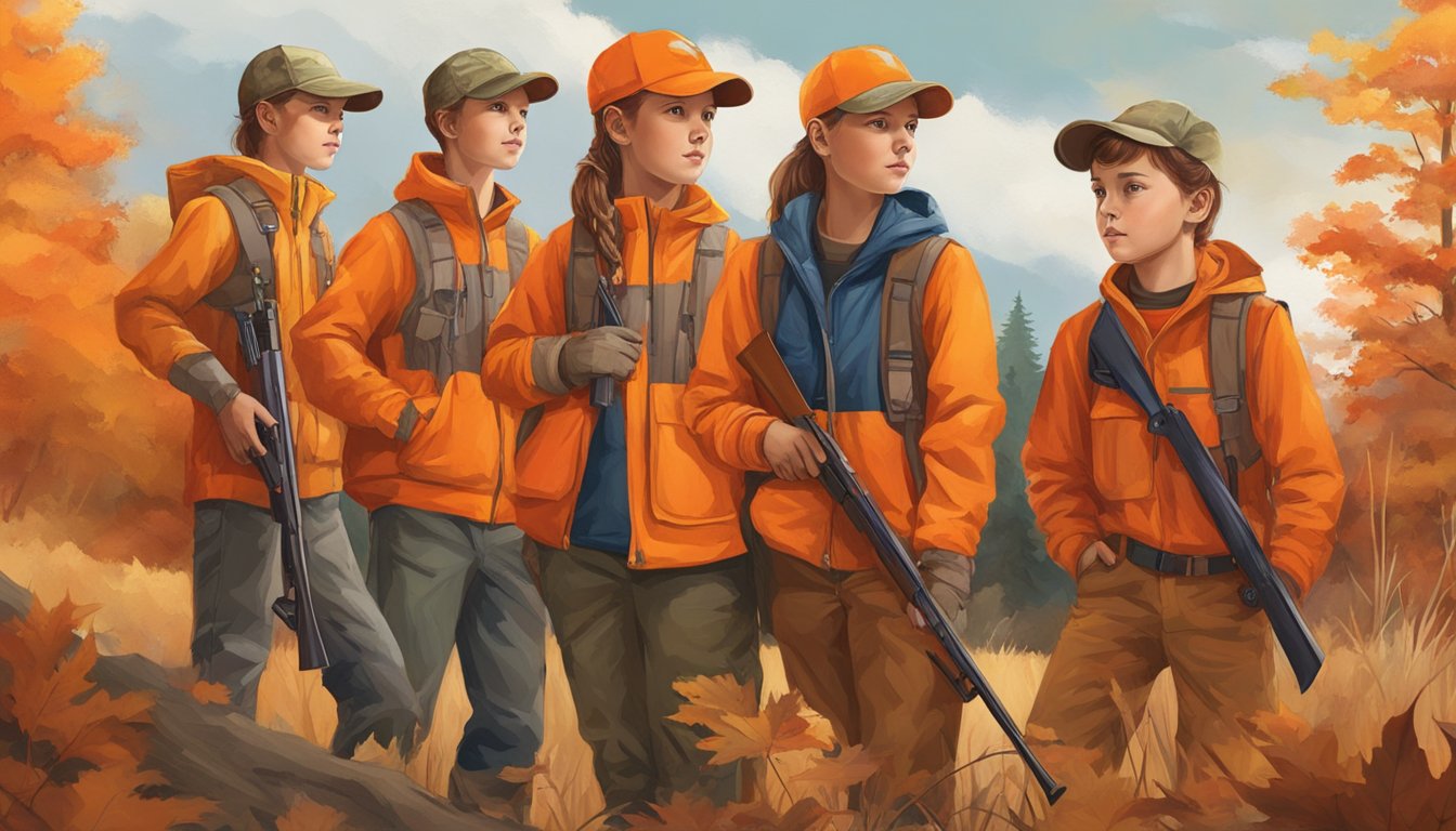 A group of young hunters wearing vibrant orange gear stand out against the autumn landscape, emphasizing the importance of visibility and safety in youth hunting