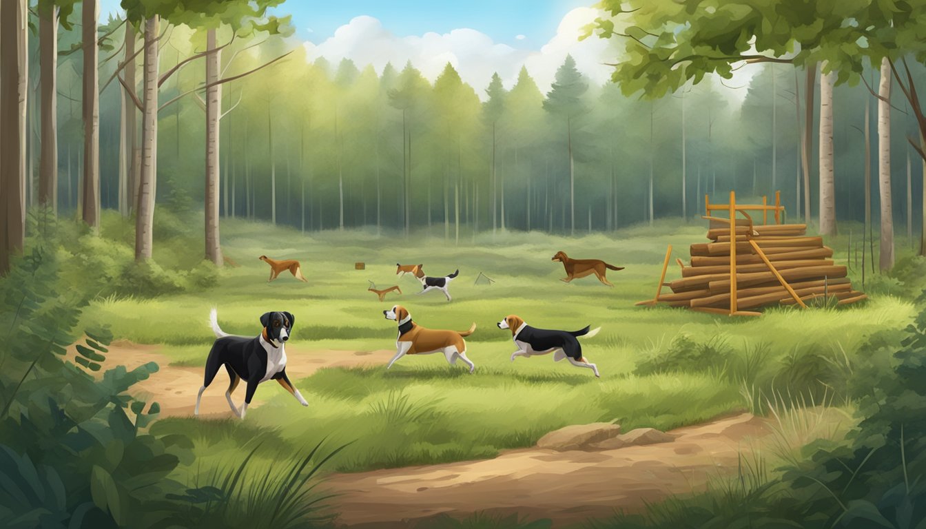 A hunting dog training field with various obstacles and equipment, surrounded by dense forest and open fields