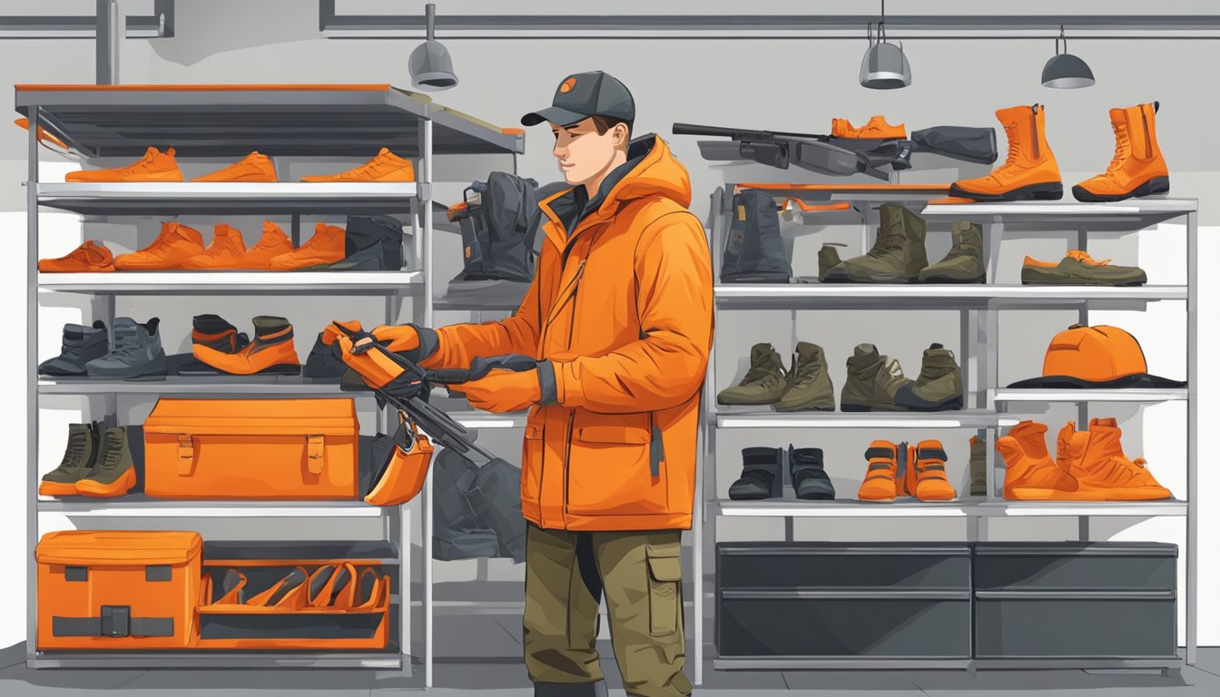 A young hunter selecting bright orange gear from a rack in a hunting store