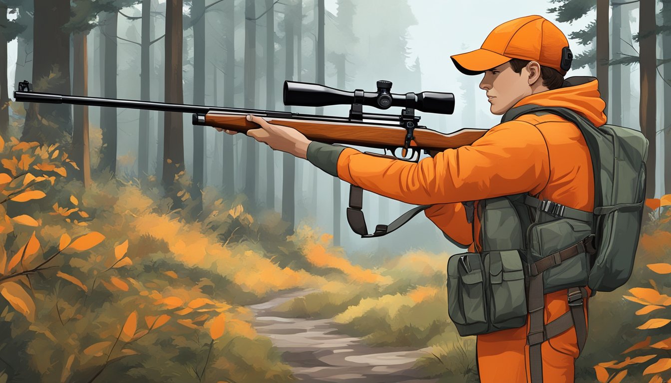 A young hunter in orange gear loads a rifle in a wooded area