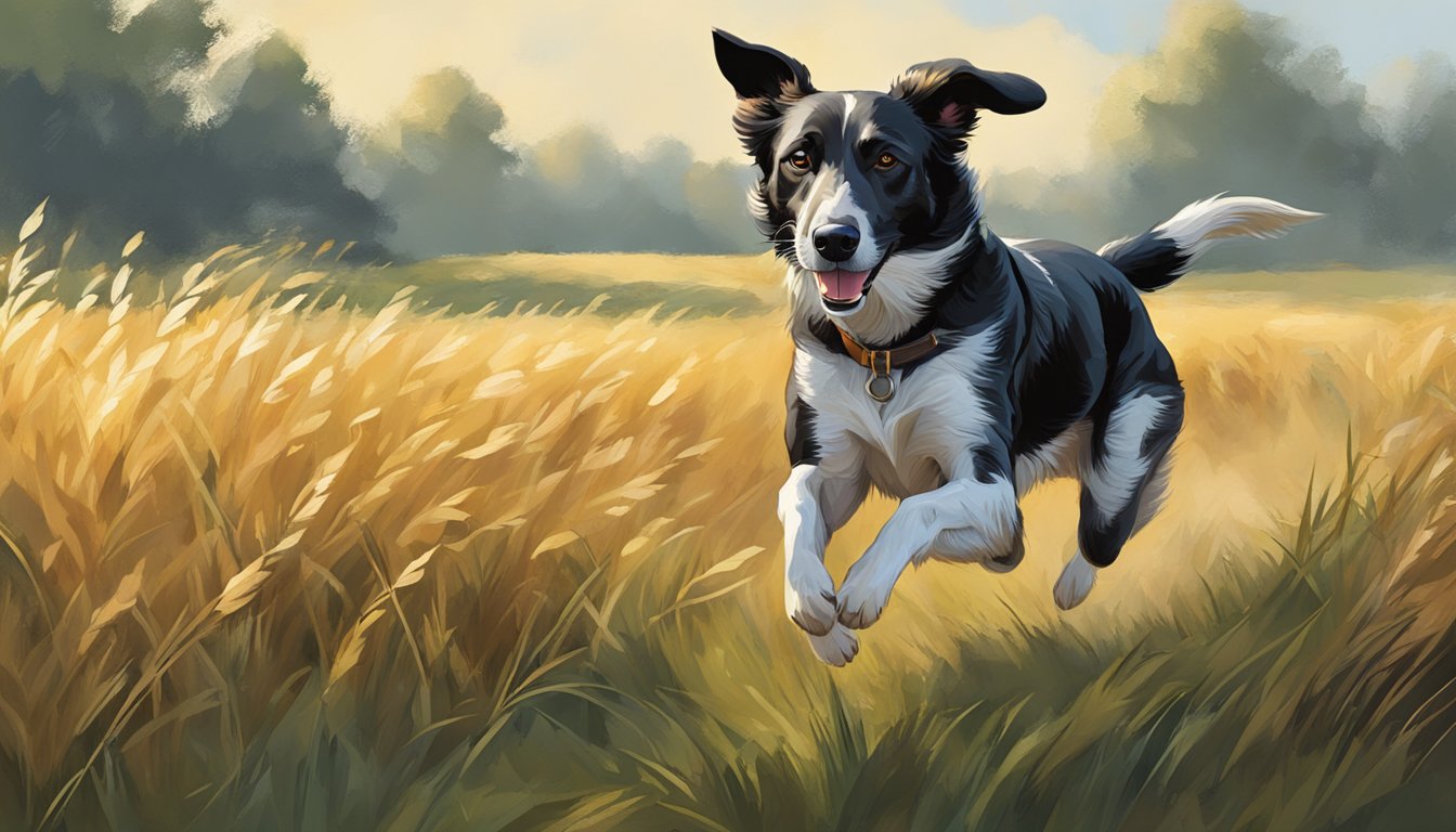 A hunting dog running through a field, nose to the ground, ears perked, tail high