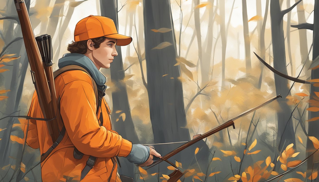 A young hunter in orange clothing practices ethical hunting in a wooded area