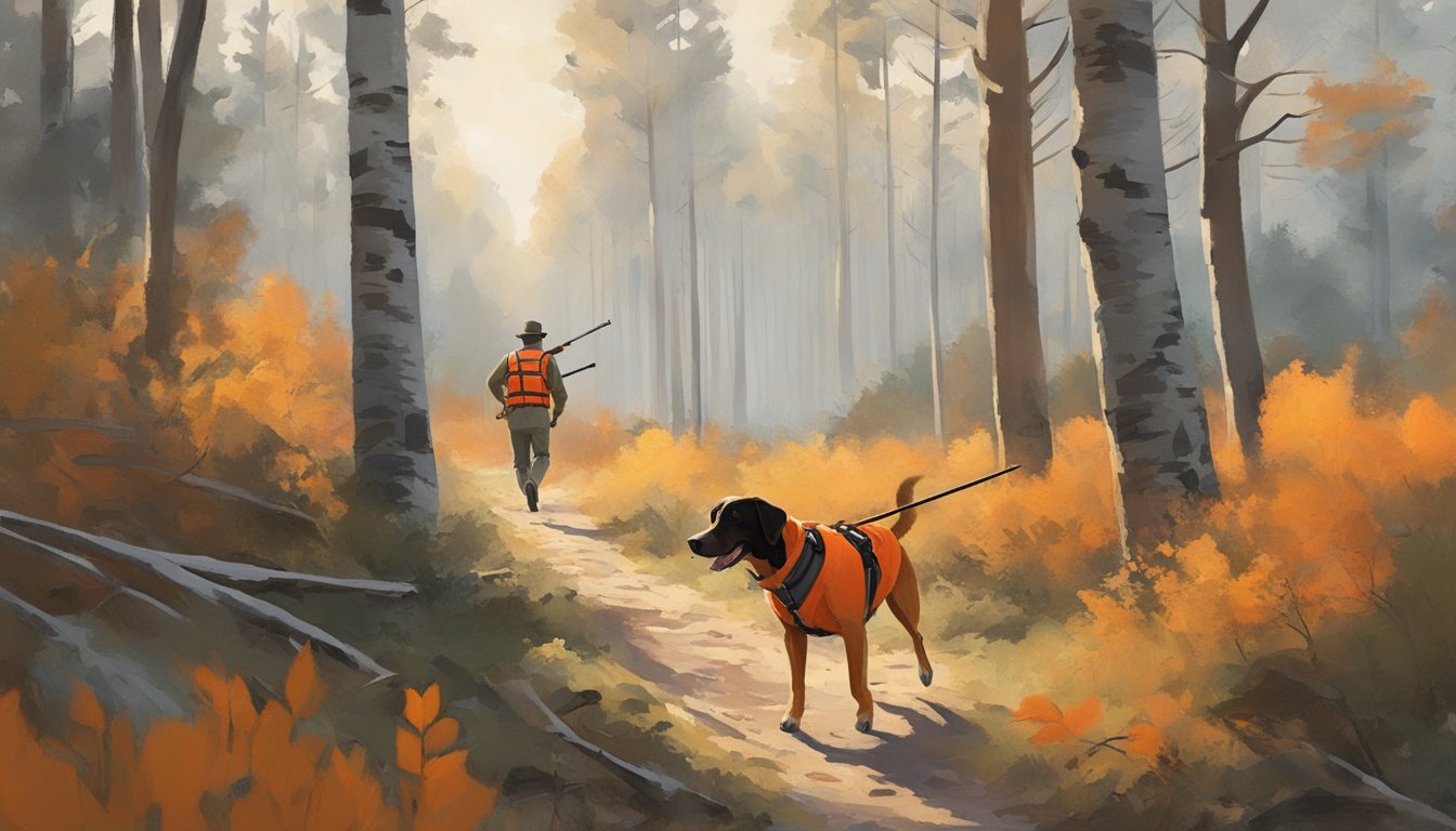 A hunting dog wearing a bright orange vest trots through a wooded area, with a hunter in the background carrying a rifle