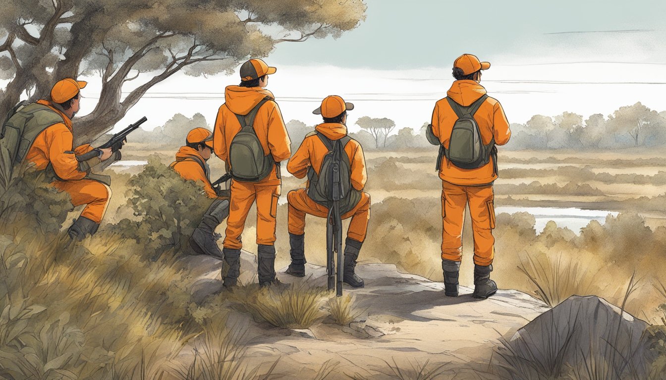 A group of youths in orange hunting gear observing and tracking wildlife in a conservation area