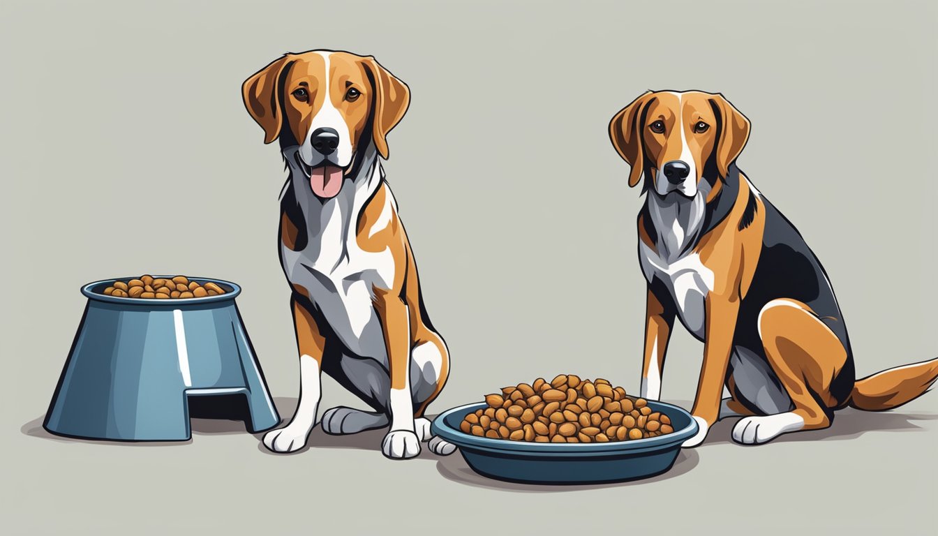 A hunting dog eagerly awaits its meal, sitting beside a full food bowl and wagging its tail in anticipation