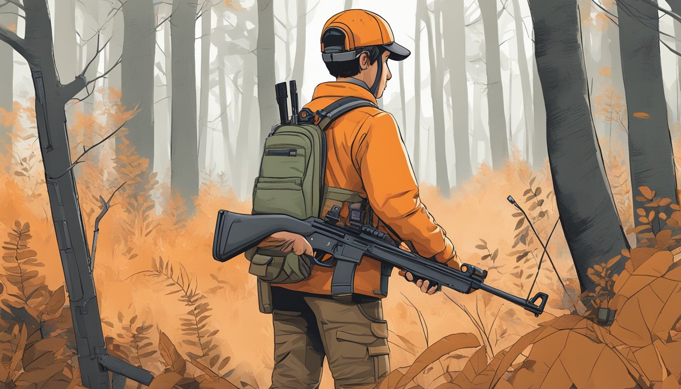 A young person in orange hunting gear standing in a forest, holding a rifle and scanning the area for potential targets