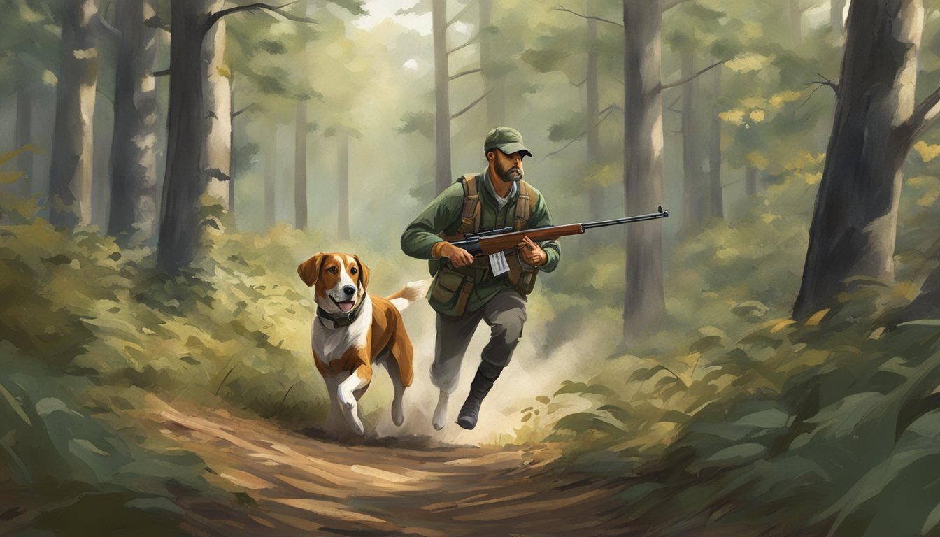 A hunting dog running through a wooded area, with a hunter in the background aiming a rifle