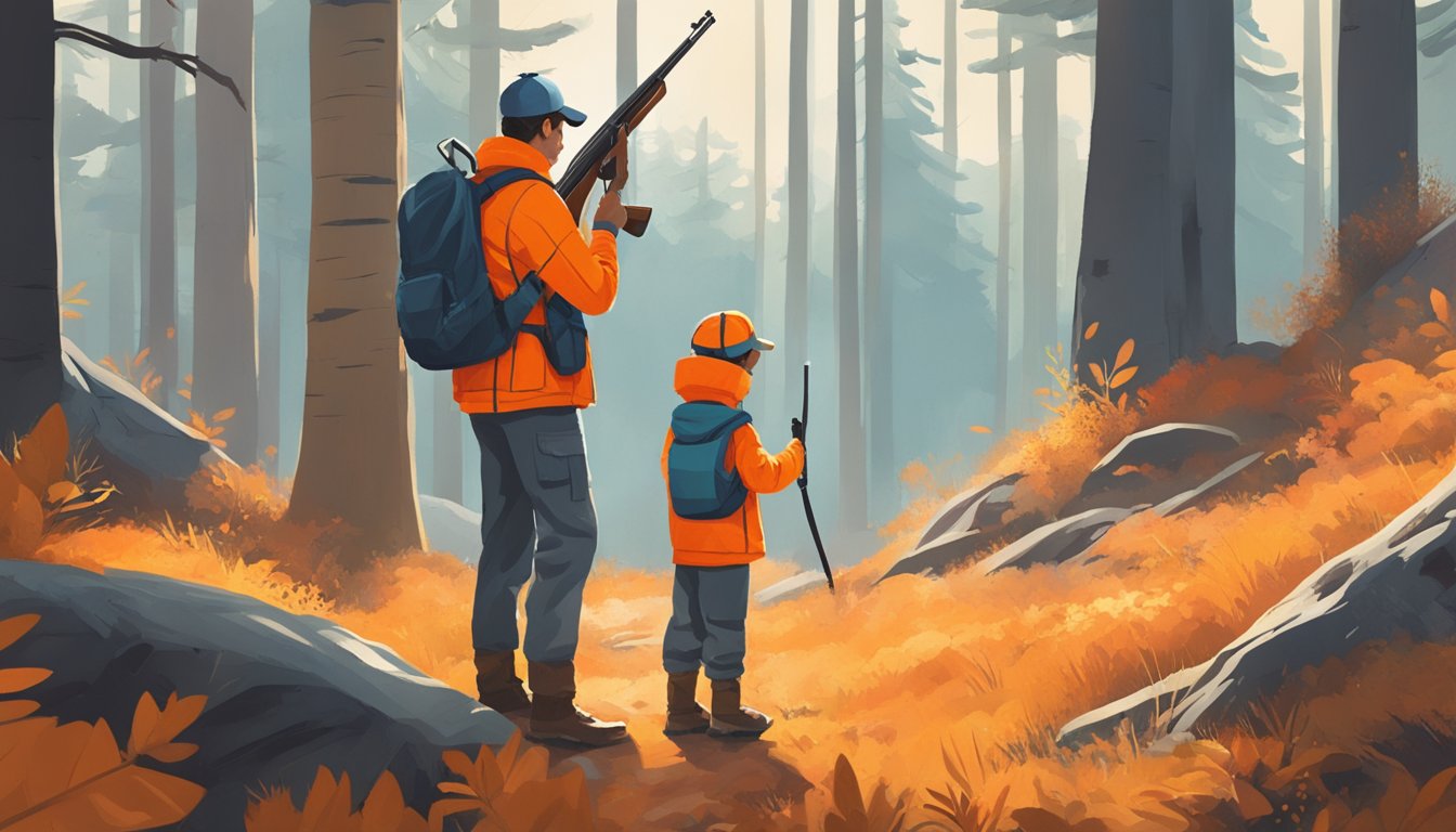 A parent and child stand in a forest clearing, both wearing bright orange hunting gear. The child holds a rifle while the parent looks on, offering guidance