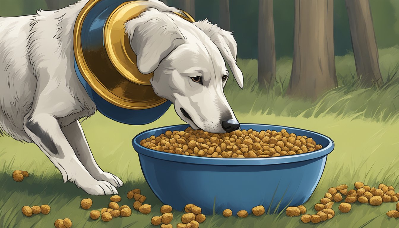 A hunting dog eagerly eating from a full bowl of dog food