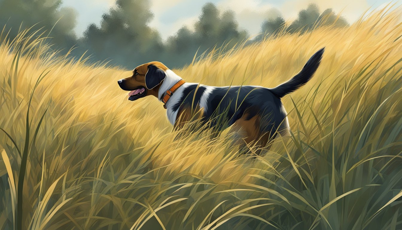 A hunting dog crouches in the tall grass, ears perked, nose to the ground. A distant hunter takes aim, unaware of the dog's presence