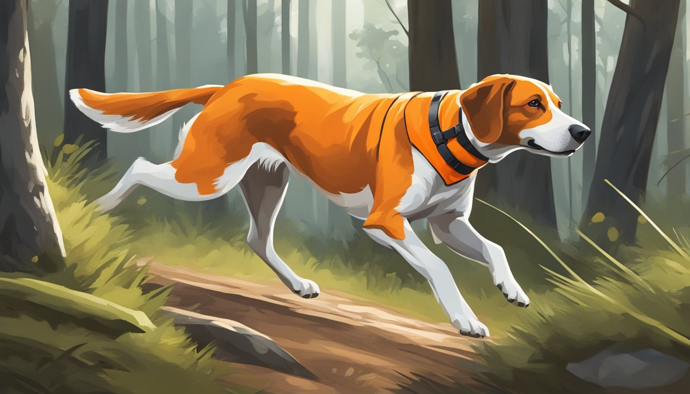 A hunting dog with a bright orange vest runs through a wooded area, alert and focused on the scent of its prey