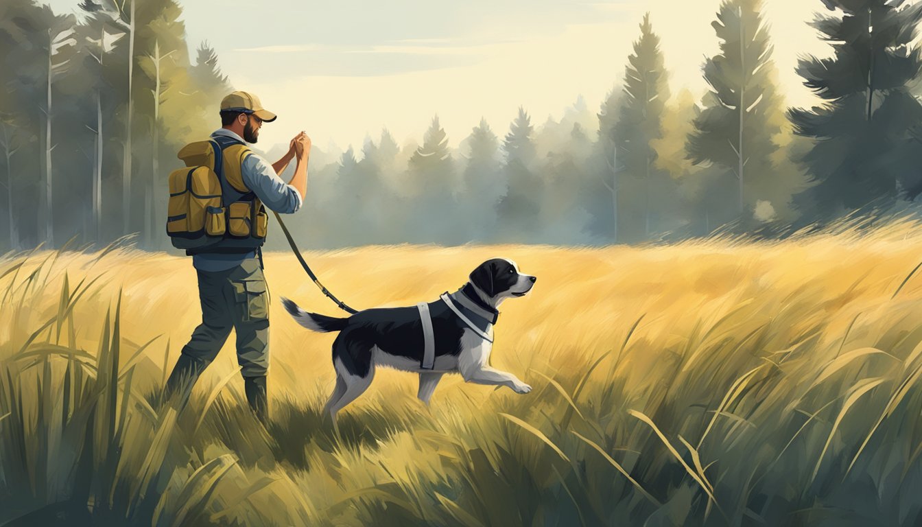 A hunting dog wearing a protective vest in a field, surrounded by tall grass and trees. A handler is seen training the dog to retrieve objects