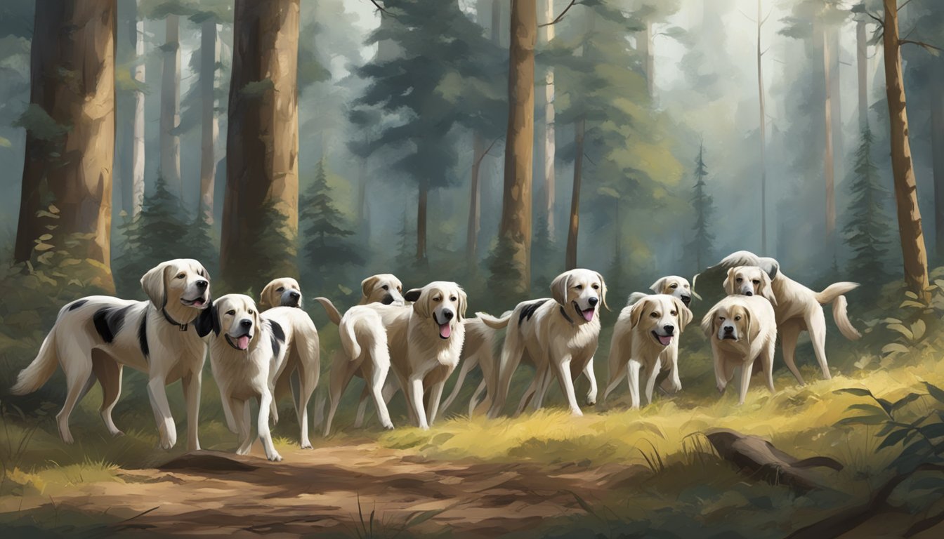 A pack of hunting dogs eagerly sniffing the ground, tails wagging as they search for their prey in a dense forest