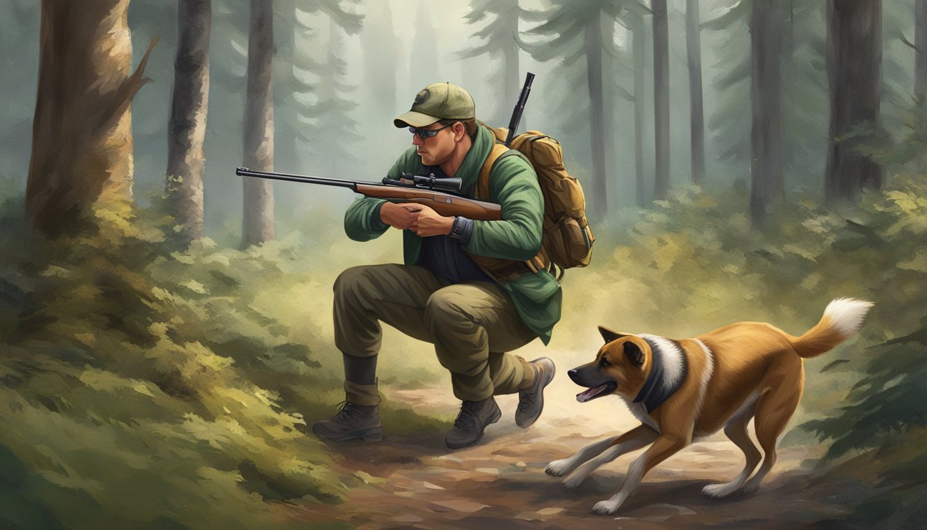 A hunter aims a rifle at a running dog in a forest clearing