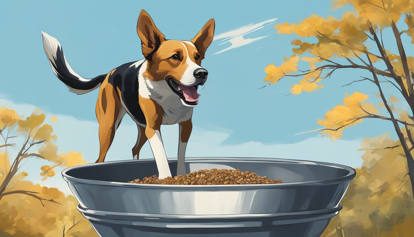 A hunting dog eagerly eats from a metal bowl, surrounded by trees and a clear blue sky