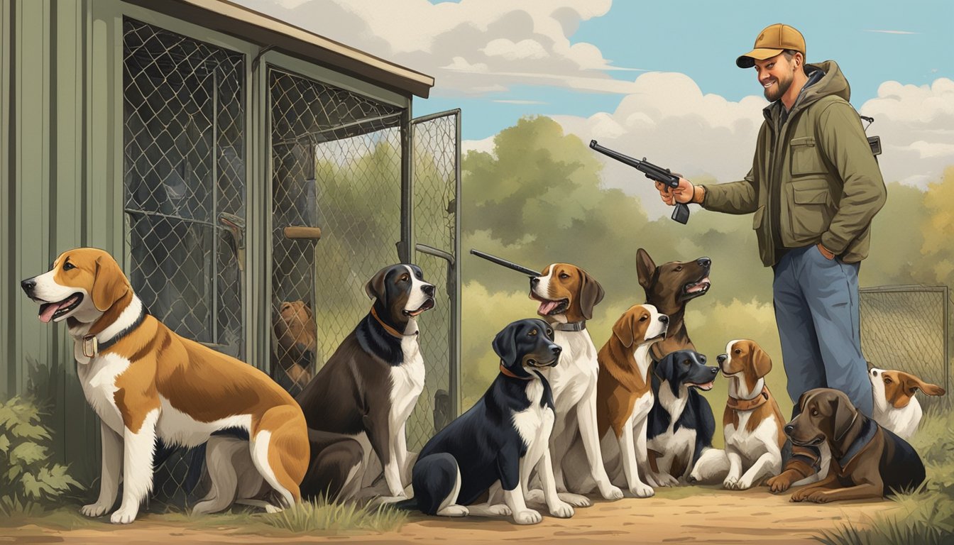 A hunter examining various hunting dogs at a kennel, surrounded by eager, panting canines