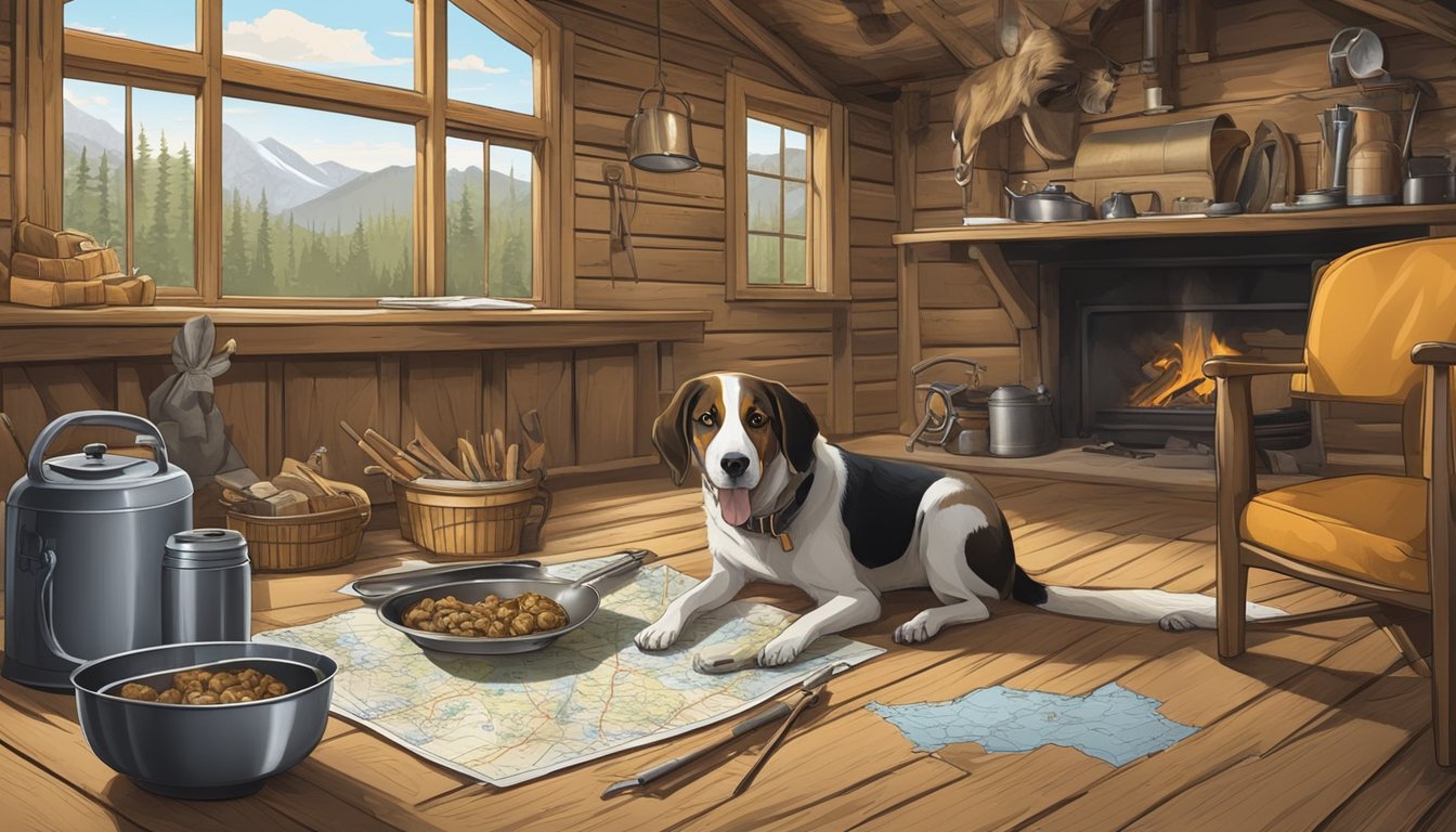 A hunting dog eagerly eats from a metal bowl in a rustic hunting lodge, surrounded by hunting gear and a map of the area