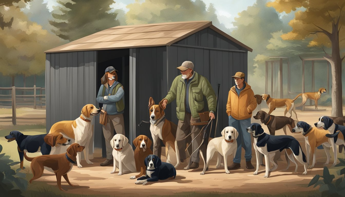 A group of hunting dogs are gathered in a spacious outdoor kennel, with a caretaker tending to their needs