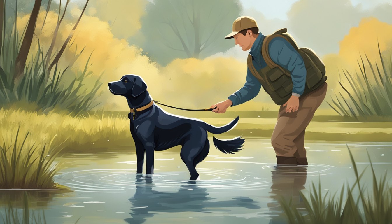 A hunting dog trainer instructs a Labrador to retrieve a duck from a pond. The dog eagerly follows commands, demonstrating obedience and focus