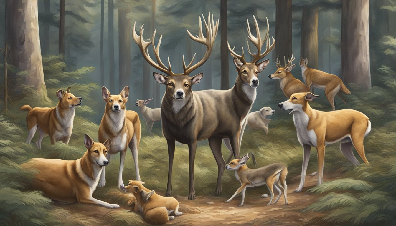 A pack of dogs surrounds a deer, their noses to the ground as they track their prey through the forest. The deer stands alert, its ears perked and eyes scanning for any sign of danger