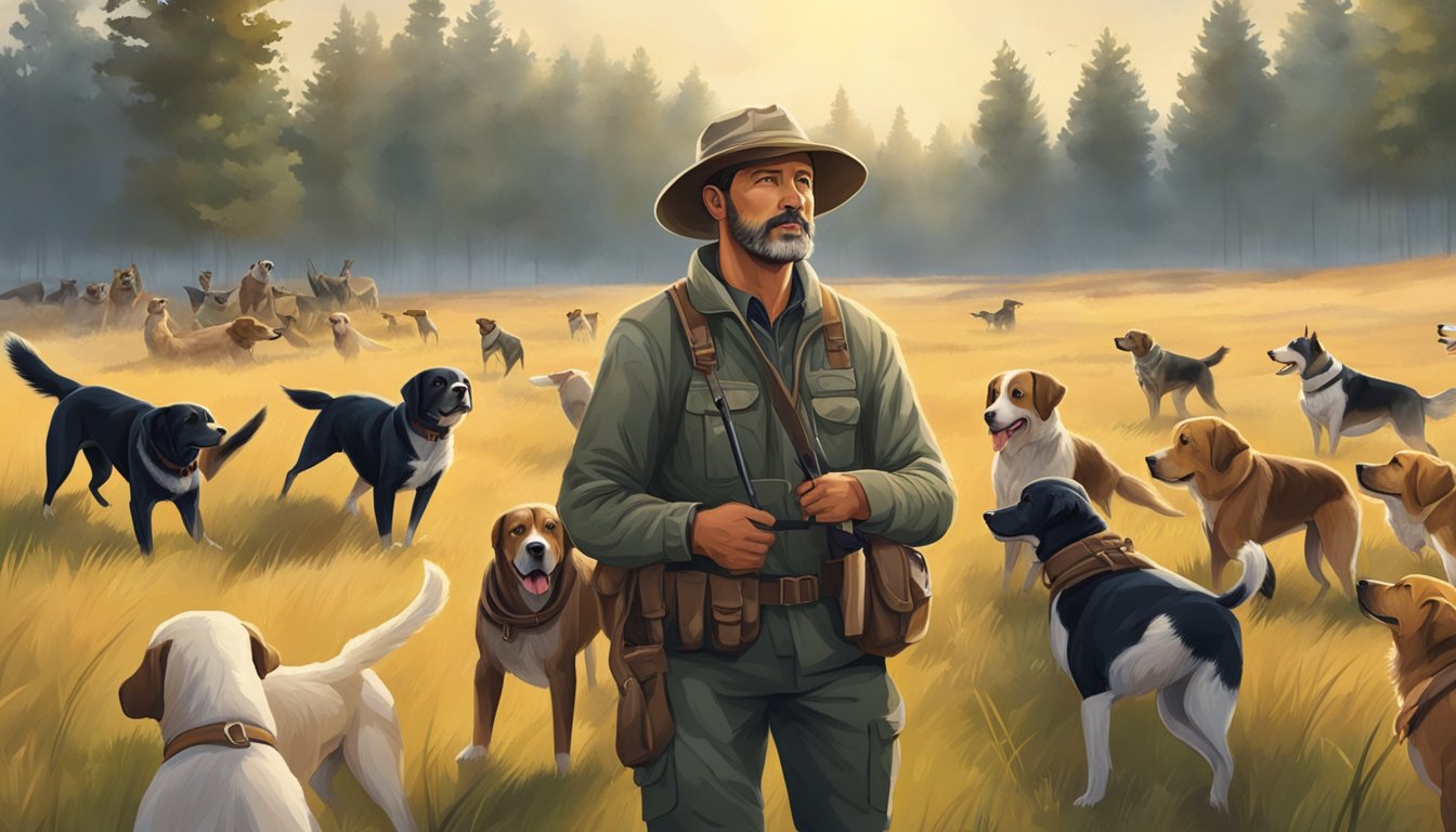 A hunting dog trainer stands in a field, surrounded by eager canines. A whistle hangs around their neck as they command the dogs to perform various hunting exercises