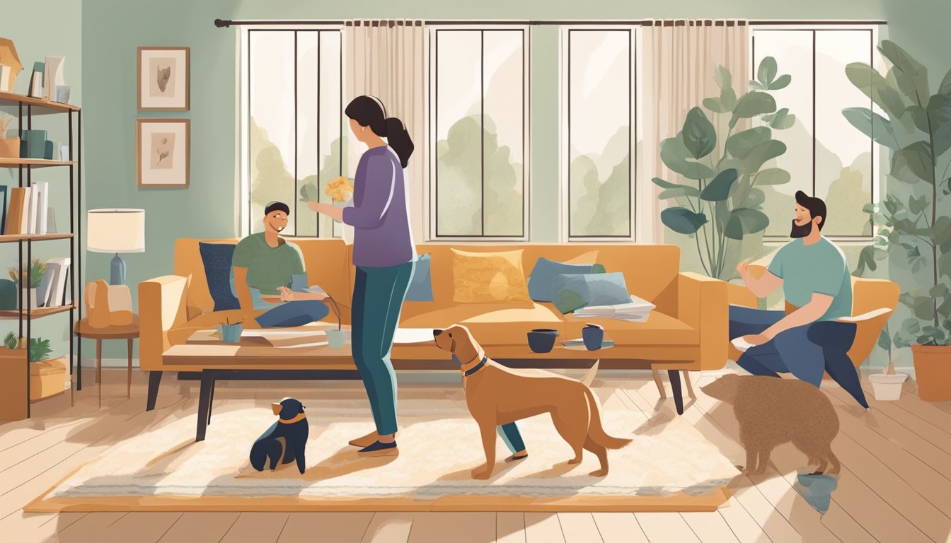 A family playing in a clean, fur-free living room with a non-shedding hunting dog by their side, showing the convenience of choosing a low-maintenance pet