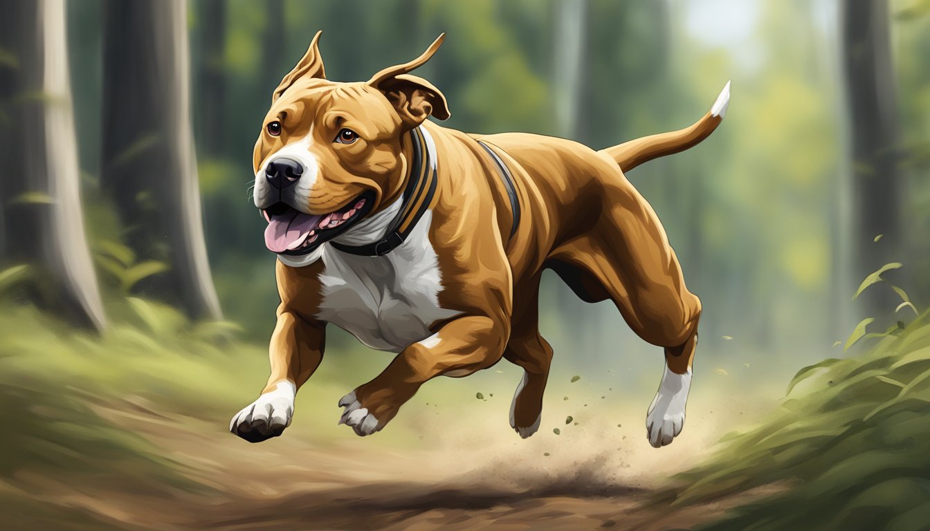 An American Pit Bull Terrier running through a wooded area, focused and determined while hunting prey