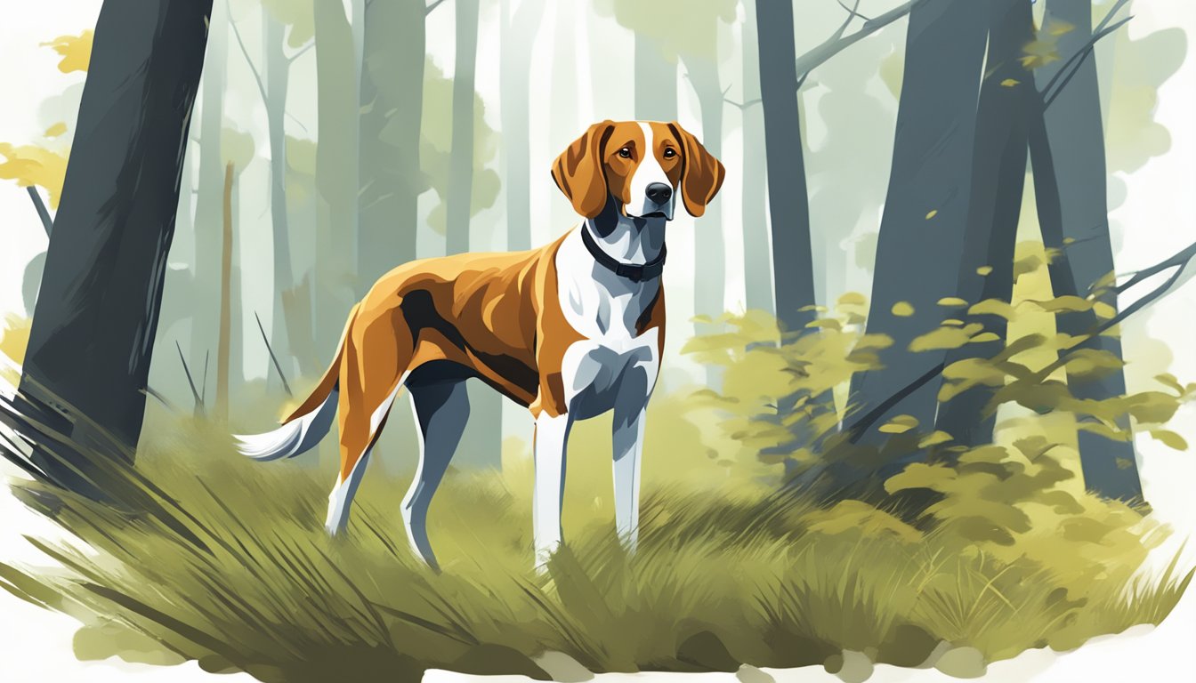 A sleek, energetic hunting dog with a short, dense coat stands alert in a forest clearing, its keen eyes focused on its prey